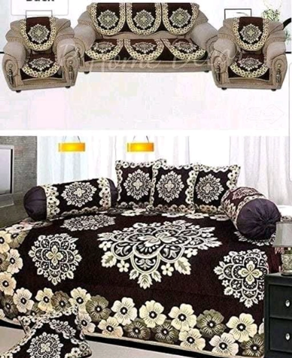 Kanha Décor presents Chenille attractive designer Diwan set which contain 1 bedsheet , 2 bolster with 5 cushion cover & 10 pcs set sofa cover -  Free Size, Chenile, Multipack:1